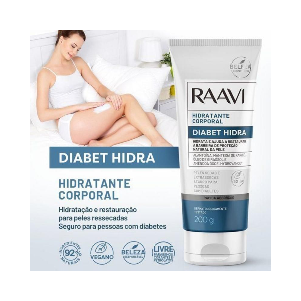 Promoção de aplicação do Hidratante Raavi Diabet Hidra destacando ingredientes naturais