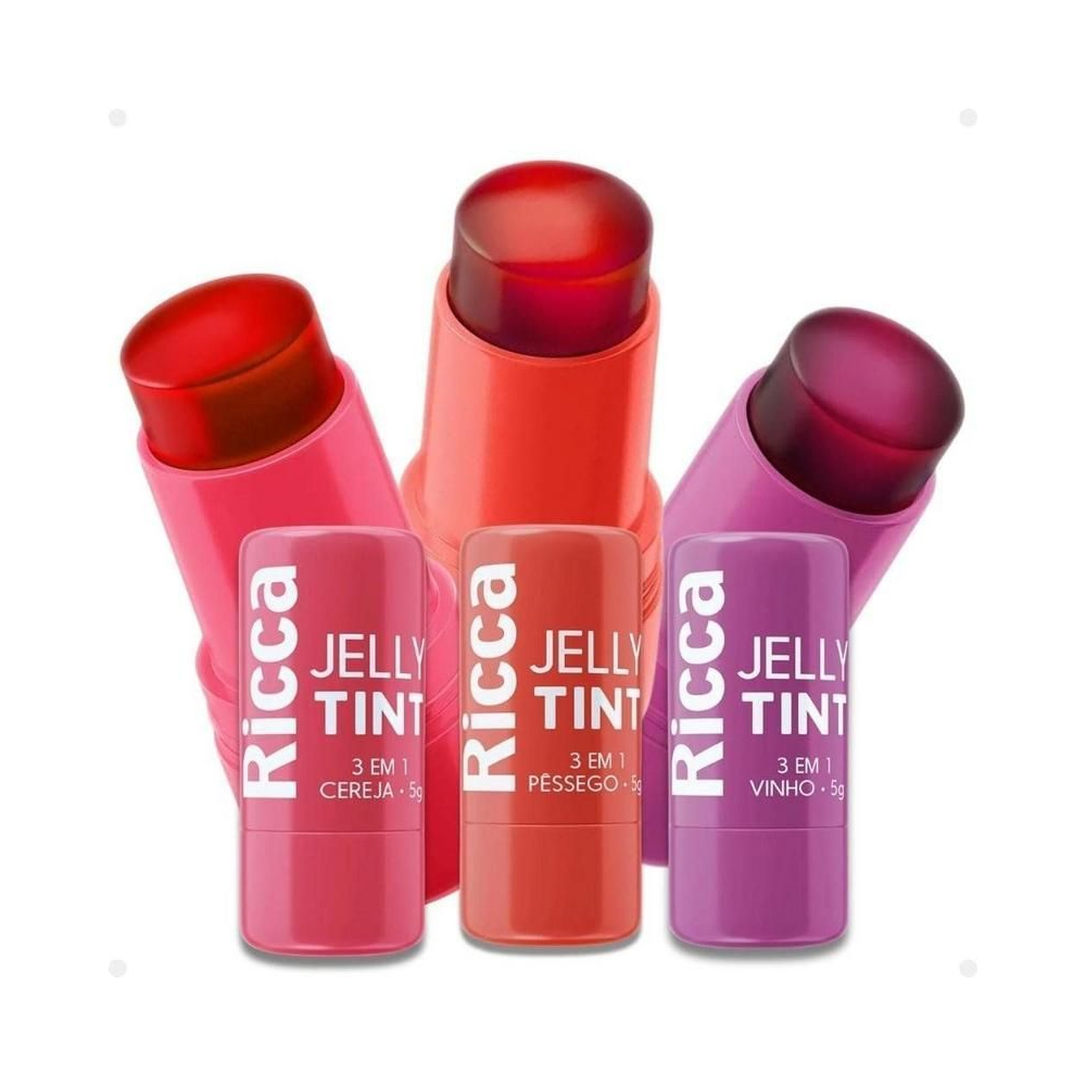 Kit 3 Jelly Tint Ricca Stick com três sticks abertos mostrando cores cereja, pêssego e vinho