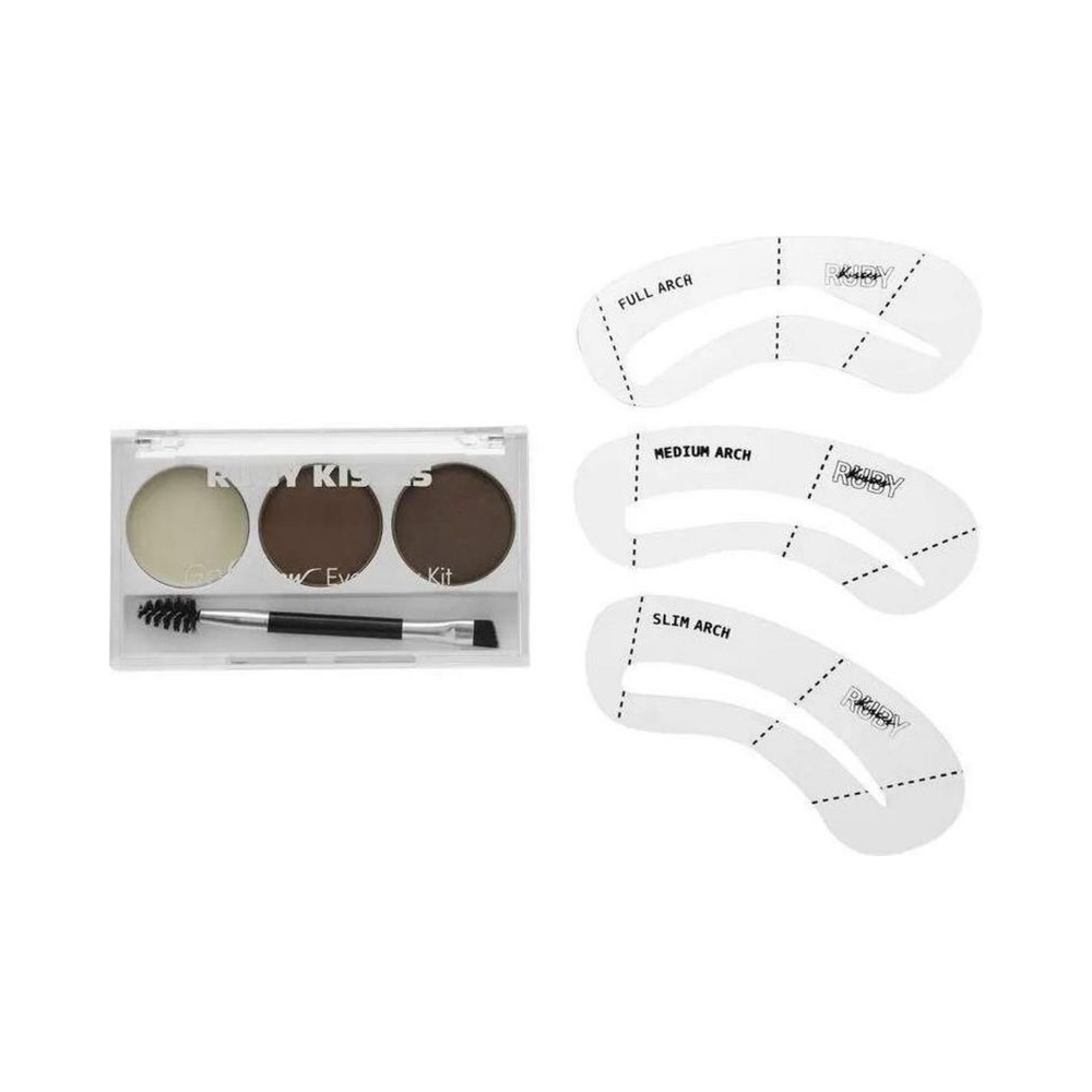 Estojo do kit RK By Kiss com cera, duas sombras, pincel duplo e moldes para sobrancelha