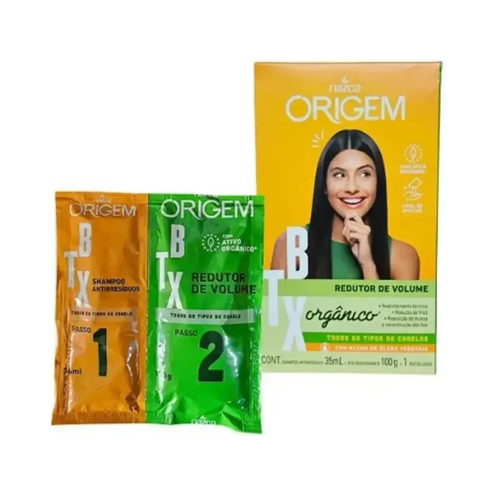 Kit Origem BTX Nazca com caixa e sachês mostrando ingredientes e benefícios
