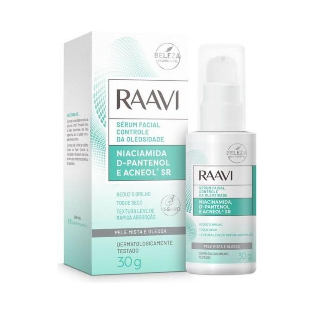 Sérum Facial Raavi Controle da Oleosidade - embalagem branca com detalhes verde água