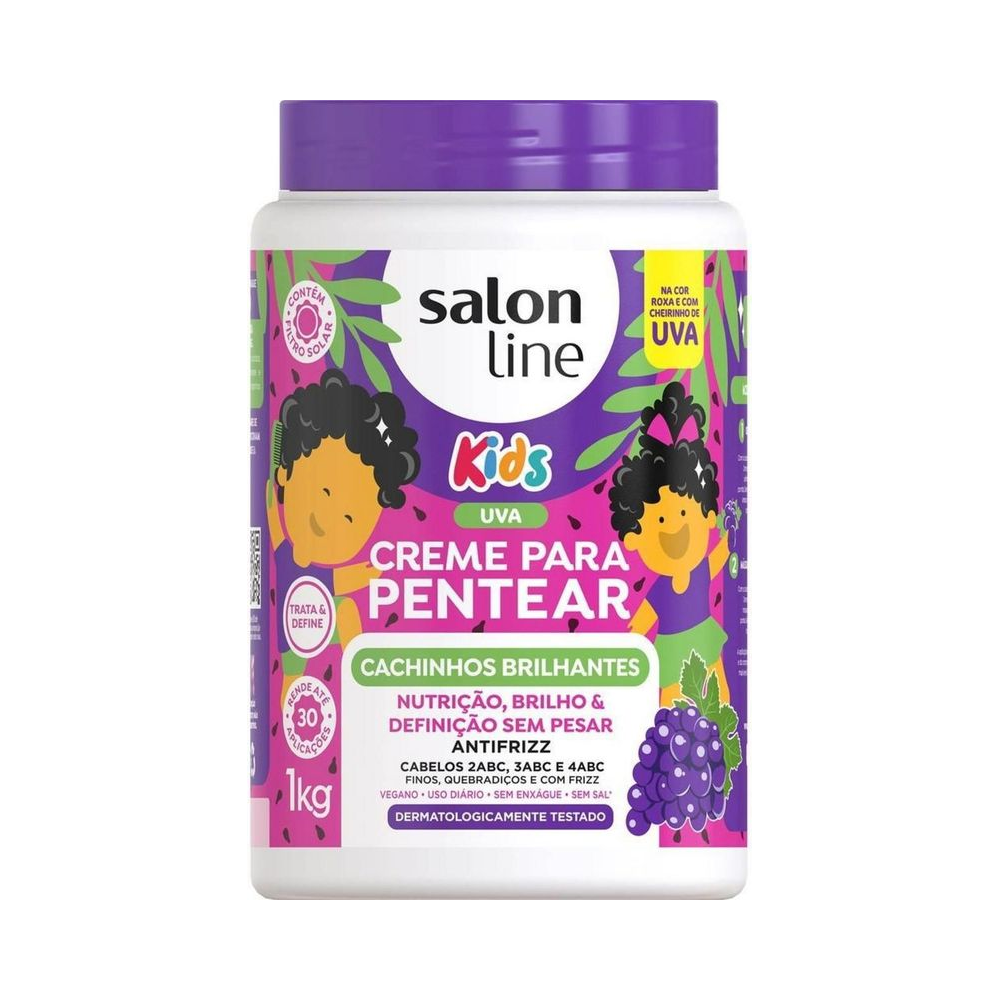 Pote Salon Line Kids Uva 1kg com rótulo roxo e indicação para cachinhos