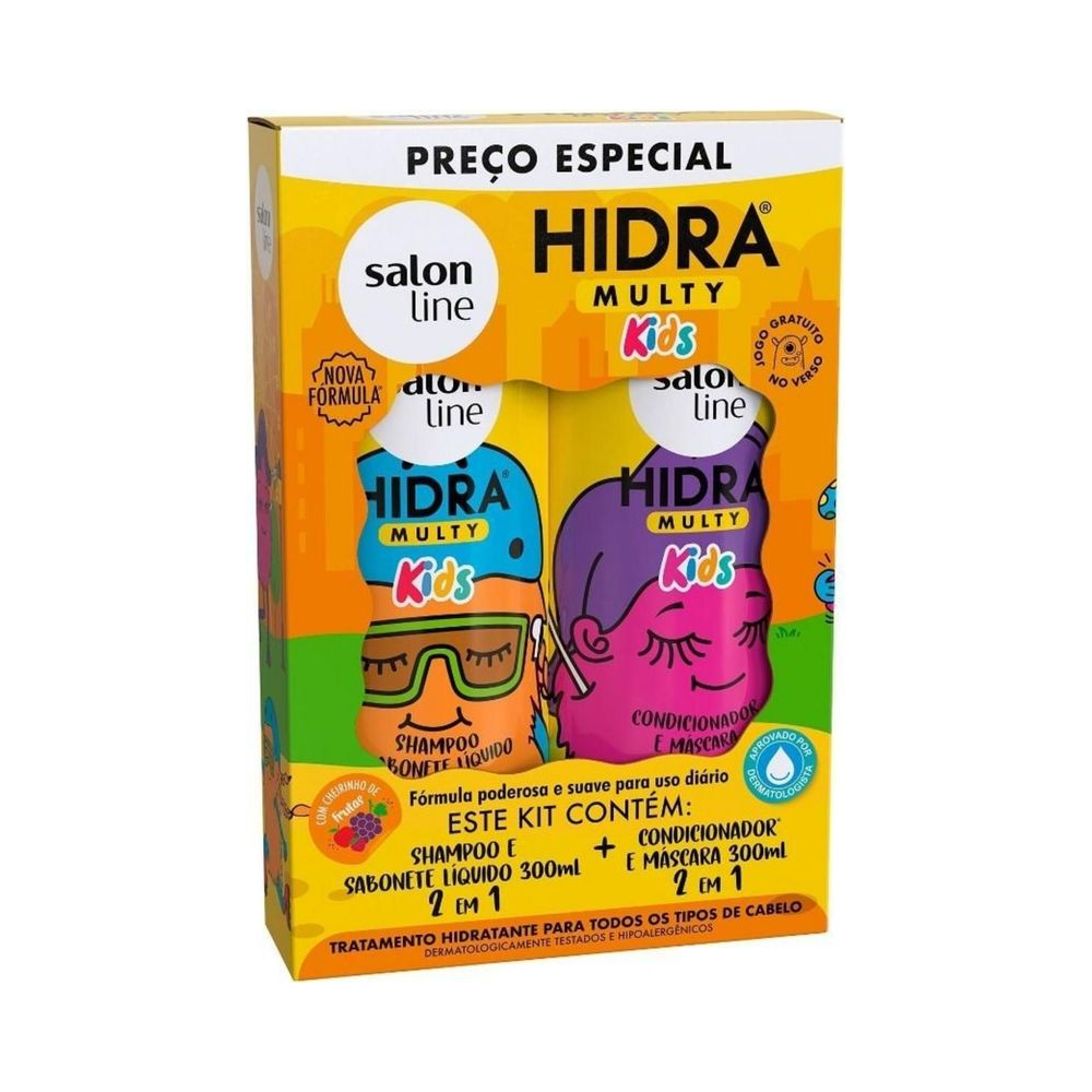 Embalagens lúdicas e coloridas do Kit Hidra Multy Kids Salon Line
