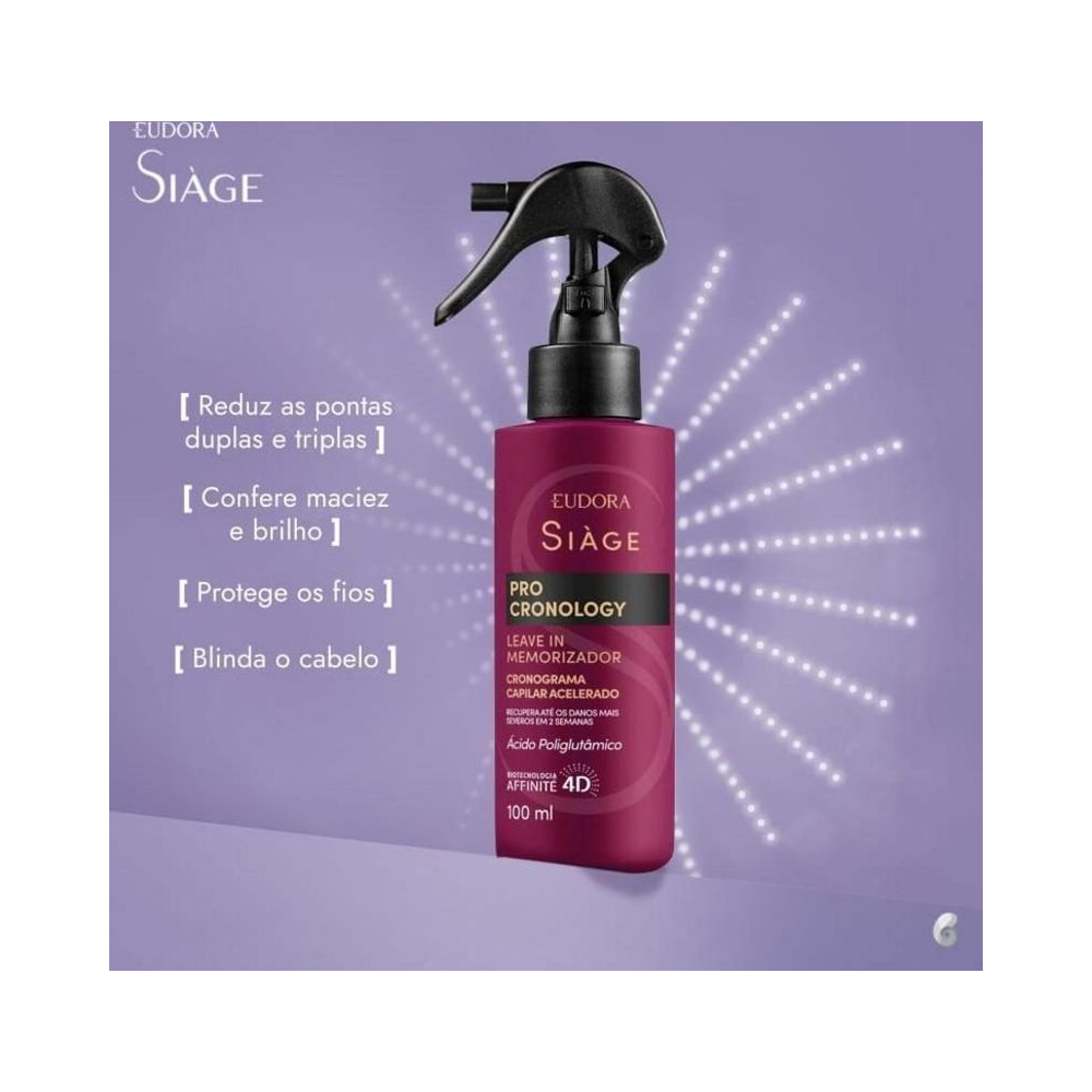Leave-in Siàge Pro Cronology 100ml em fundo roxo com destaque de benefícios