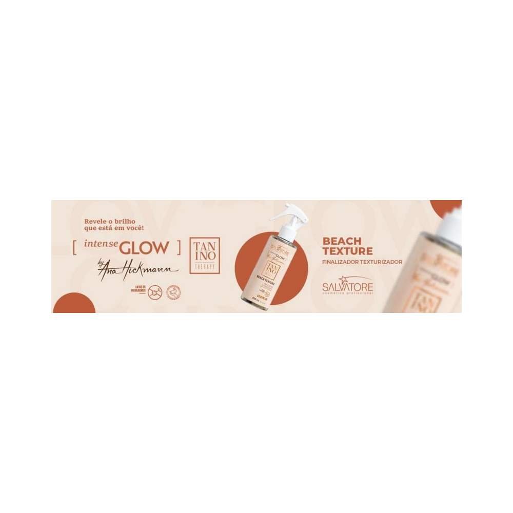 Banner do Leave-in Salvatore Tanino Beach Texture Intense Glow 250ml com destaque para brilho e textura