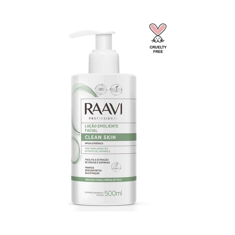 Frasco frontal da Loção Emoliente Facial Raavi Clean Skin 500ml com pump, rótulo mostrando benefícios e selos do produto