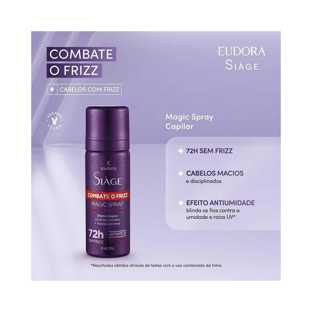 Magic Spray Antifrizz Eudora Siàge 50ml em fundo roxo