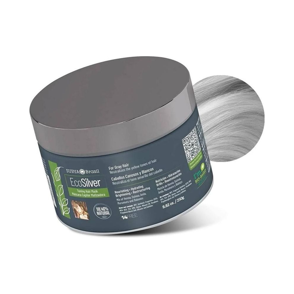 Frasco da Máscara Capilar Matizadora Surya EcoSilver 250g mostrando embalagem e destaque de ingredientes