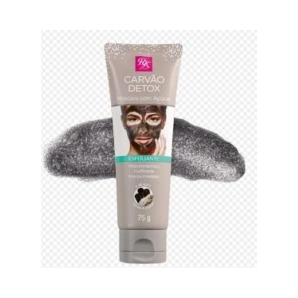 Embala gem do tubo da máscara Carvão Detox 75g com fundo transparente e textura da máscara preta
