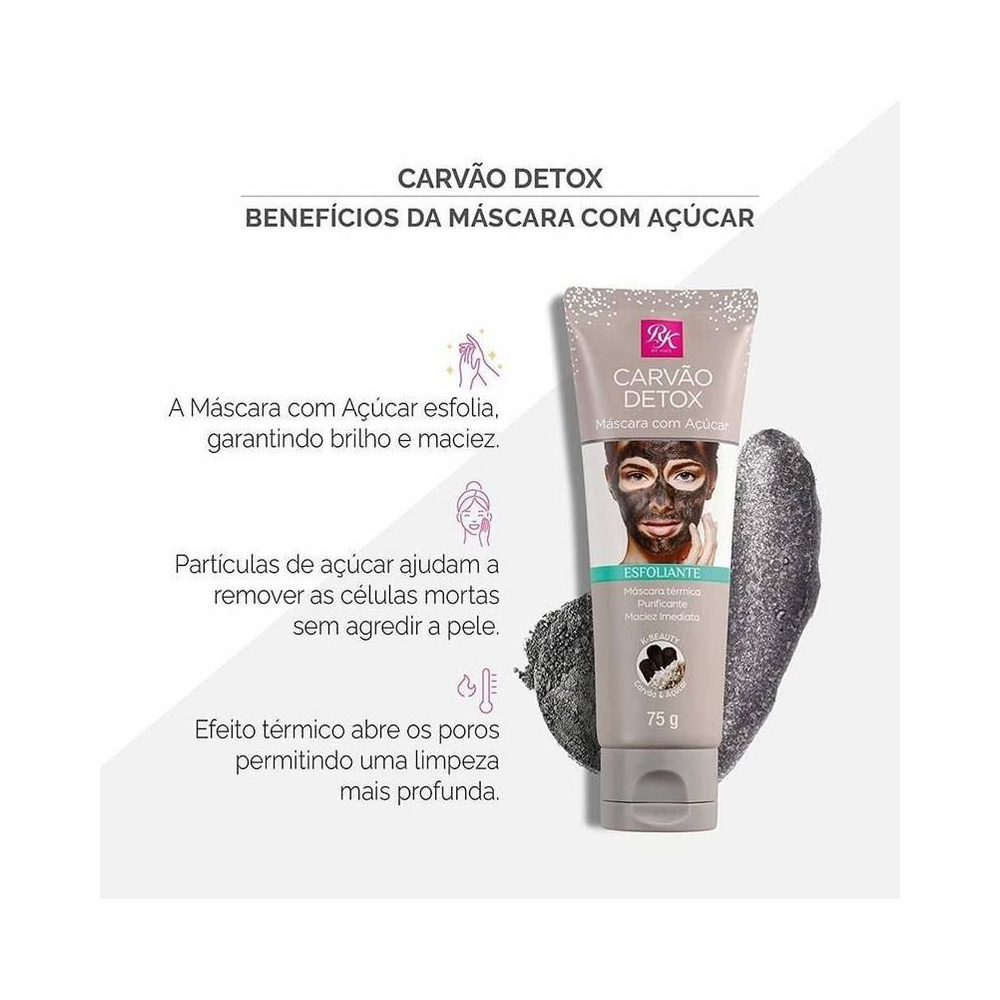 Embalagem da Máscara Facial Esfoliante RK By Kiss Carvão Detox 75g com destaques dos benefícios