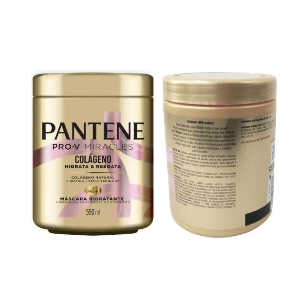 Máscara Hidratante Pantene Colágeno Hidrata e Resgata 550ml mostrando frente e verso da embalagem