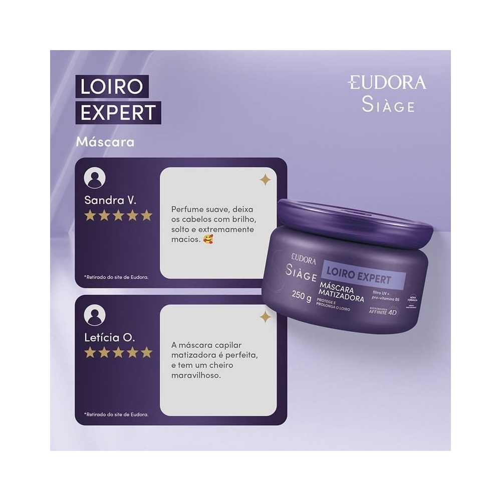 Máscara Matizadora Siàge Loiro Expert 250g com destaque para benefícios
