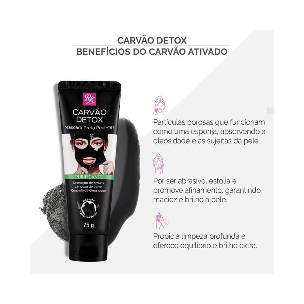 Máscara Preta Facial Carvão Detox Peel-Off RK By Kiss 75g - destaque de benefícios