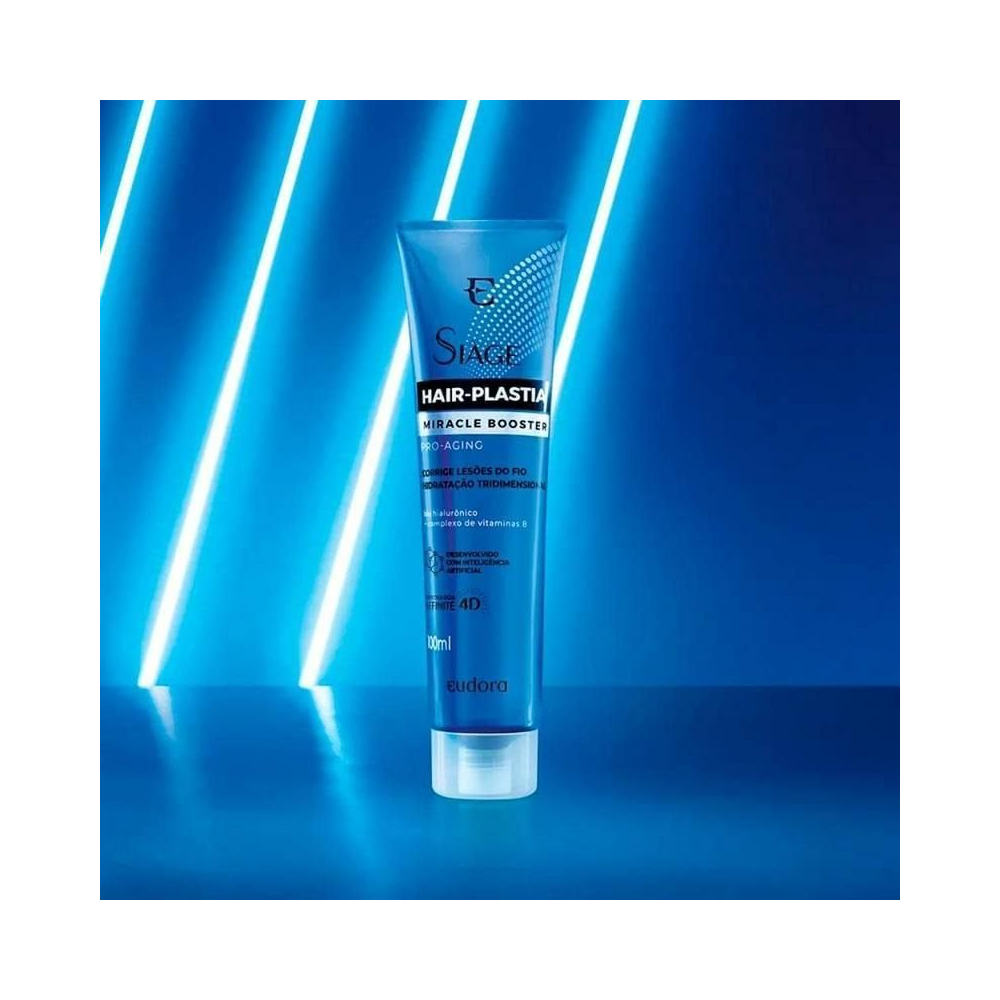 Máscara Siàge Booster Hair Plastia Proaging 100ml em fundo azul neon