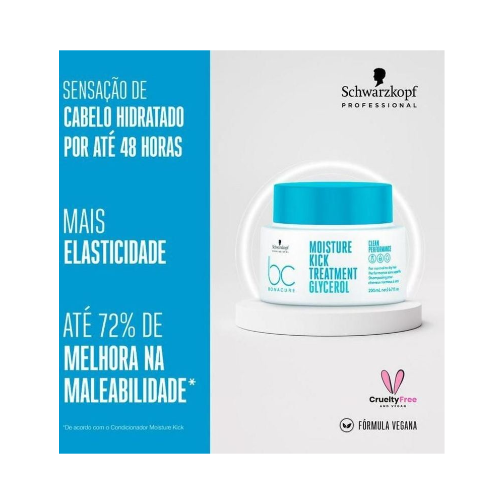 Máscara Bonacure Moisture Kick em pedestal destacando fórmula vegana