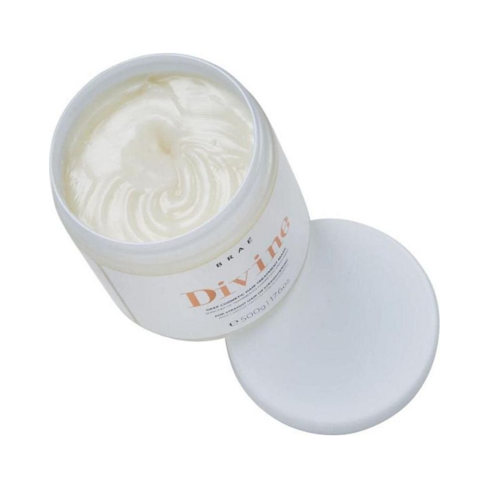 Pote aberto mostrando textura cremosa da máscara Braé Divine Antifrizz