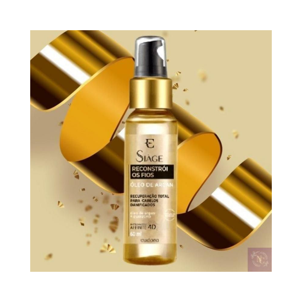 Frasco dourado translúcido do Óleo de Argan Siàge 60ml em fundo dourado