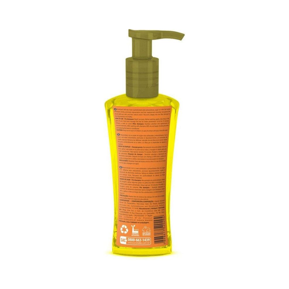 Verso do frasco Óleo de Argan Probelle 140ml mostrando rótulo e informações