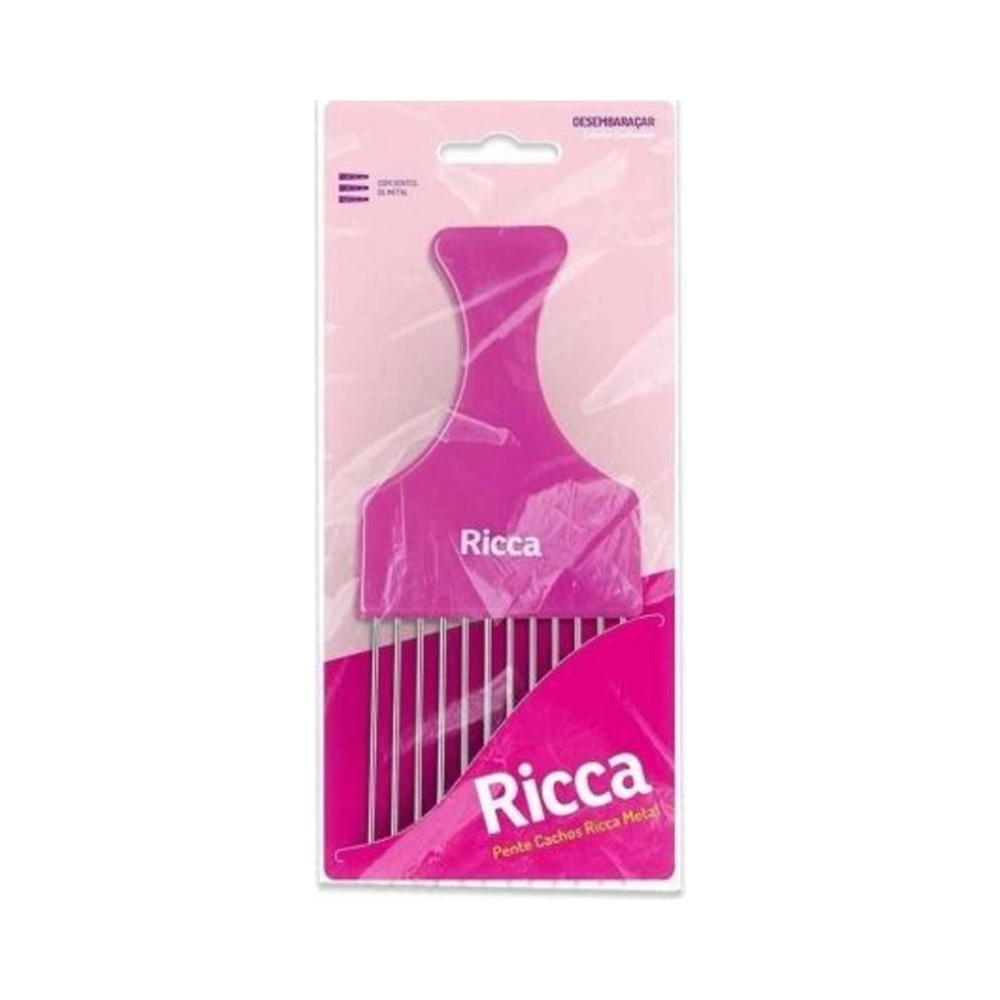 Pente Cachos Ricca Metal 2407 em embalagem blister, destaque para o cabo rosa