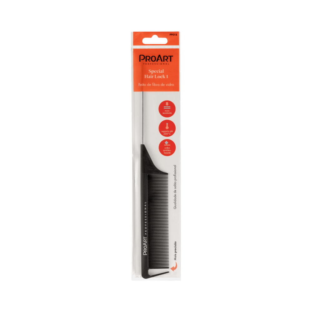 Pente ProArt Especial Hair Lock 1 embalado em plástico transparente com detalhes laranja