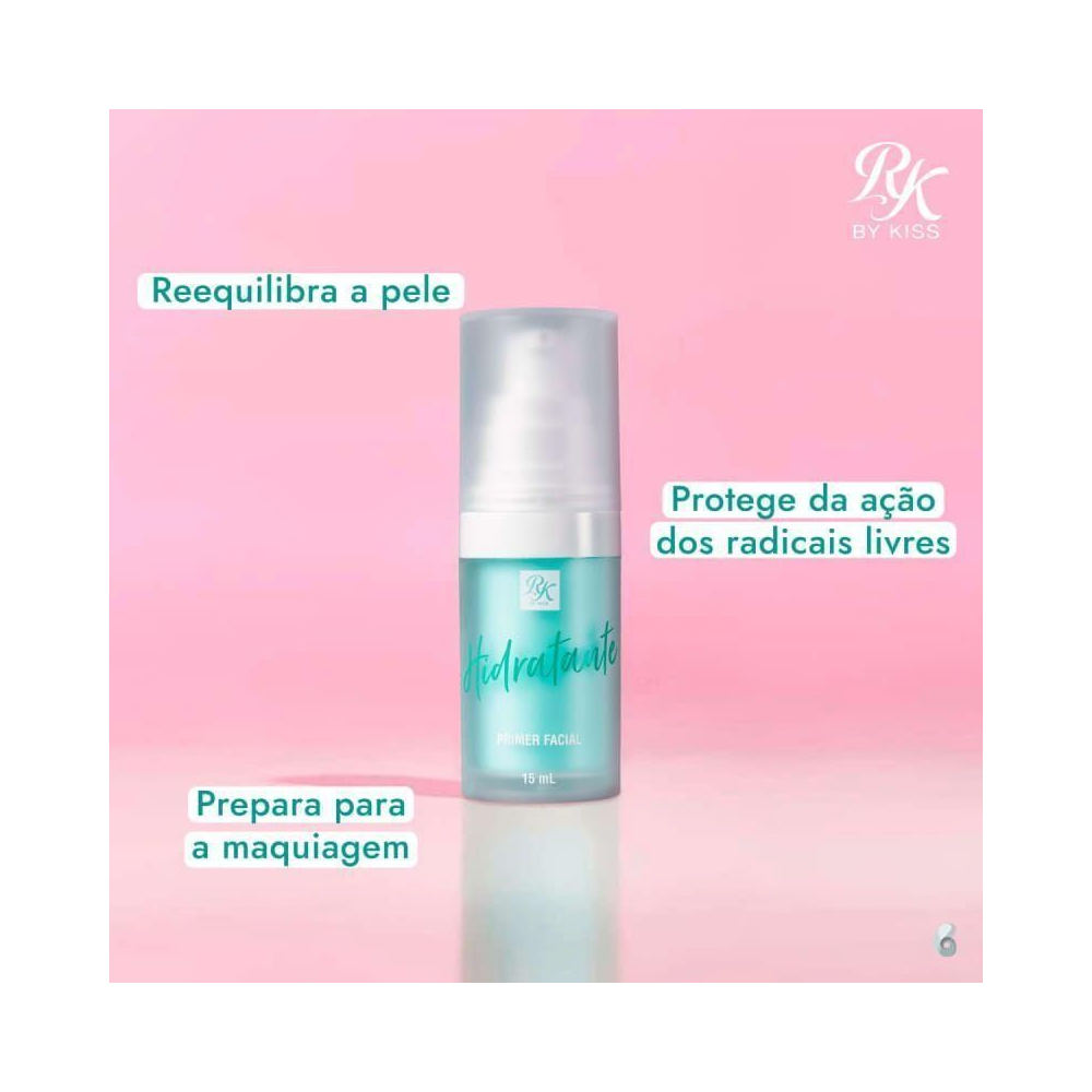 Primer RK by Kiss 15 mL sobre fundo rosa claro destacando benefícios