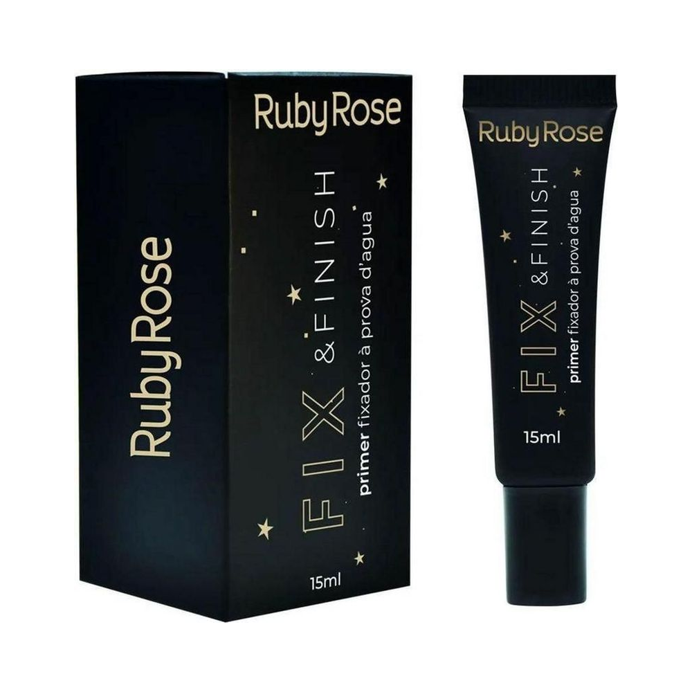 Primer Fixador Ruby Rose Fix e Finish com tubo e caixa pretos, detalhes em dourado