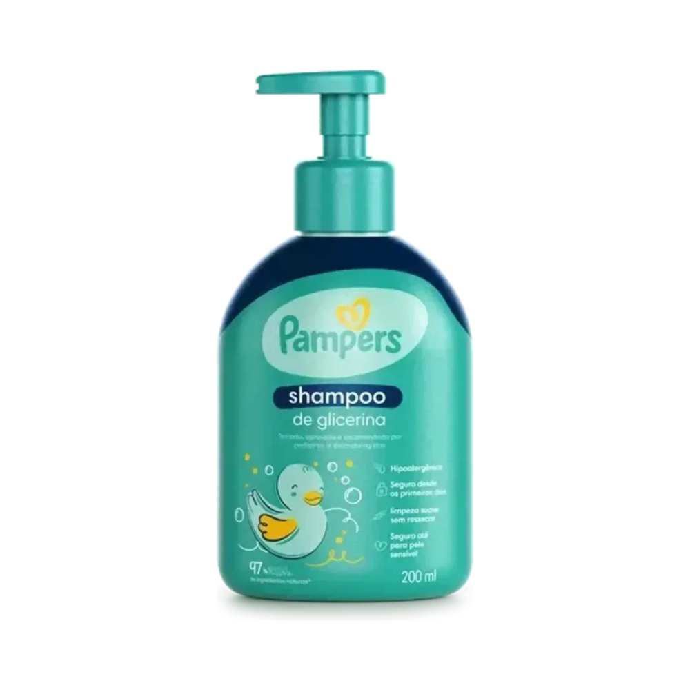 Frasco Shampoo Pampers Glicerina 200ml com destaque para embalagem e pump dosador
