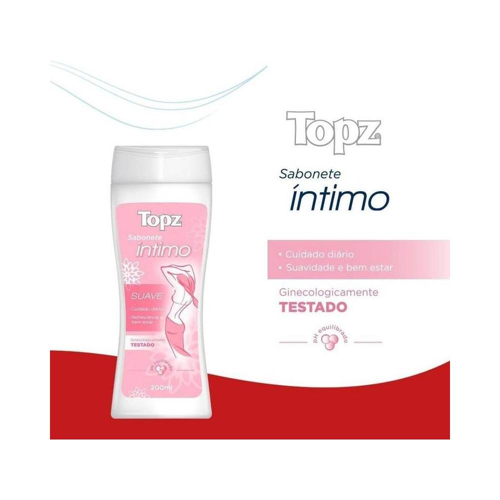 Embalagem frontal do sabonete íntimo Topz Suave 200ml com rótulo rosa e indicação de cuidado diário