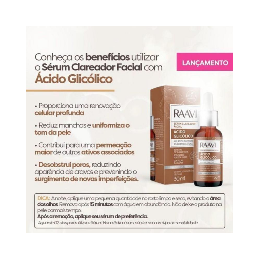Imagem promocional com benefícios e instruções de uso do sérum Raavi