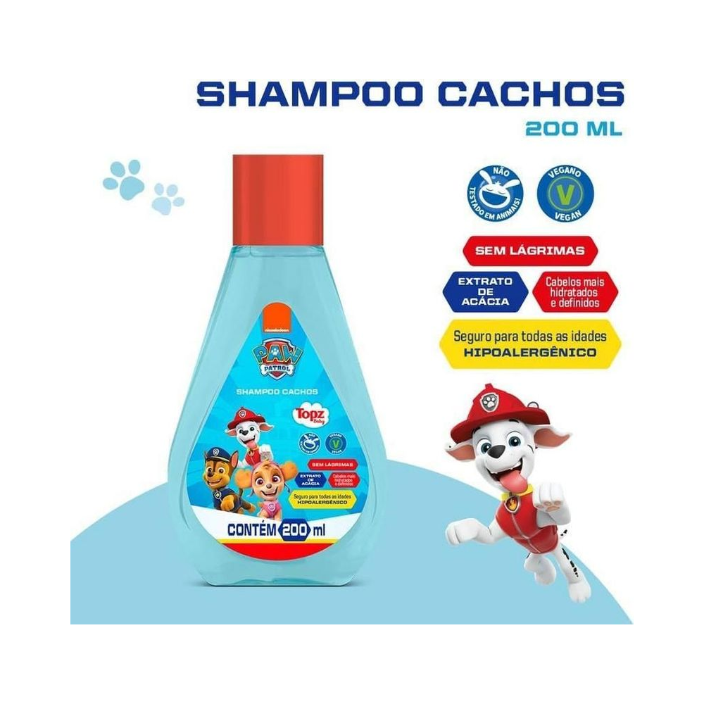 Imagem promocional do shampoo Topz Patrulha Canina Cachos 200ml com destaque para benefícios