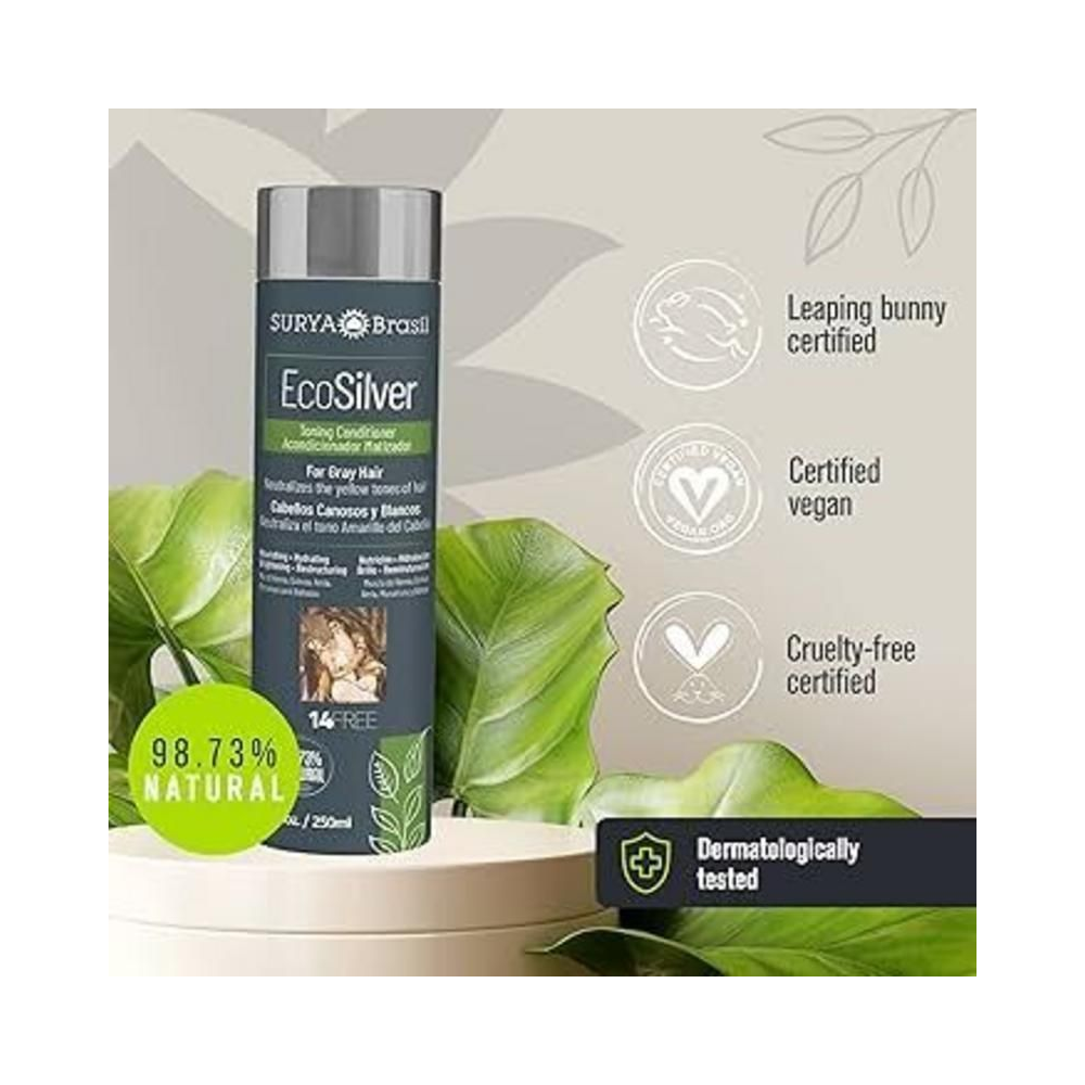 Embalagem do Shampoo Matizador Surya EcoSilver ao lado de ícones de certificações e ingredientes naturais