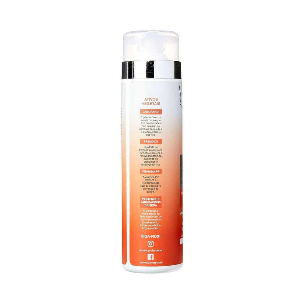 Lateral do frasco mostrando ativos e informações do Shampoo Secrets 300ml