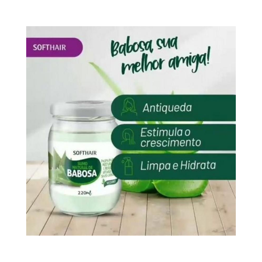 Imagem promocional do Sumo Natural de Babosa Soft Hair com pedaços de babosa ao fundo
