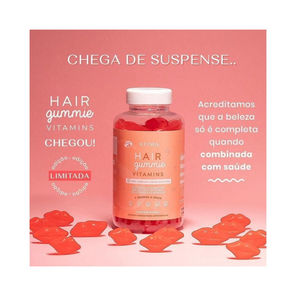 Imagem promocional Stima Hair Gummie Vitamins frasco transparente sobre fundo rosa