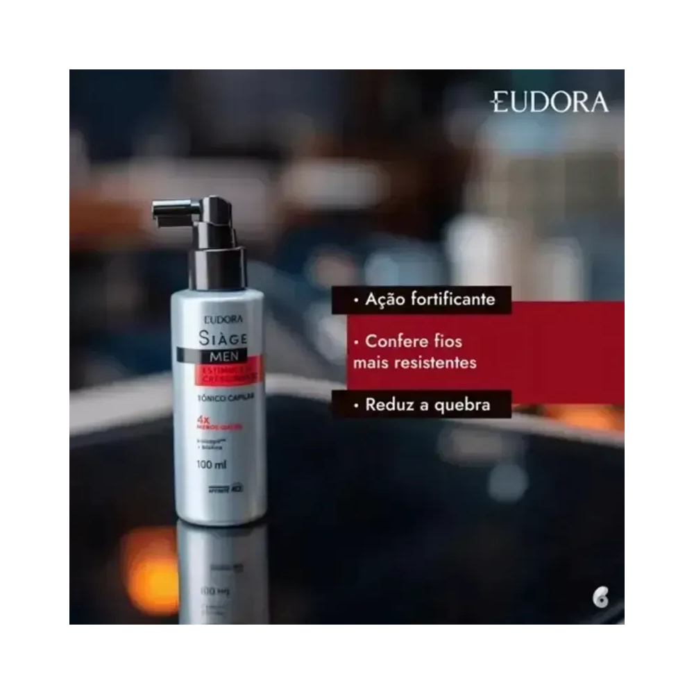 Tônico Capilar Siàge Men Eudora 100ml sobre superfície escura refletiva