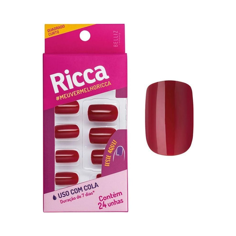 Embalagem rosa com unhas postiças Ricca vermelho bordô 24 unidades