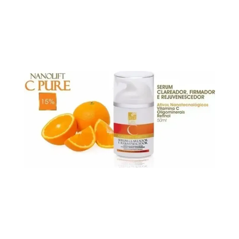 Sérum Vitamina C Peel Line Nanolift Pure 15% com frutas laranja ao lado, destacando ativos