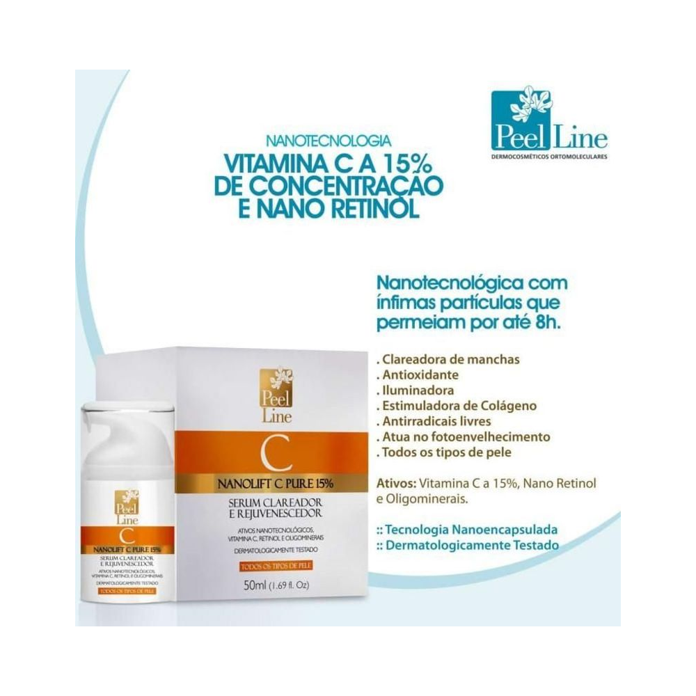 Imagem promocional mostrando embalagem do sérum e destaque para nanotecnologia e 15% de vitamina C
